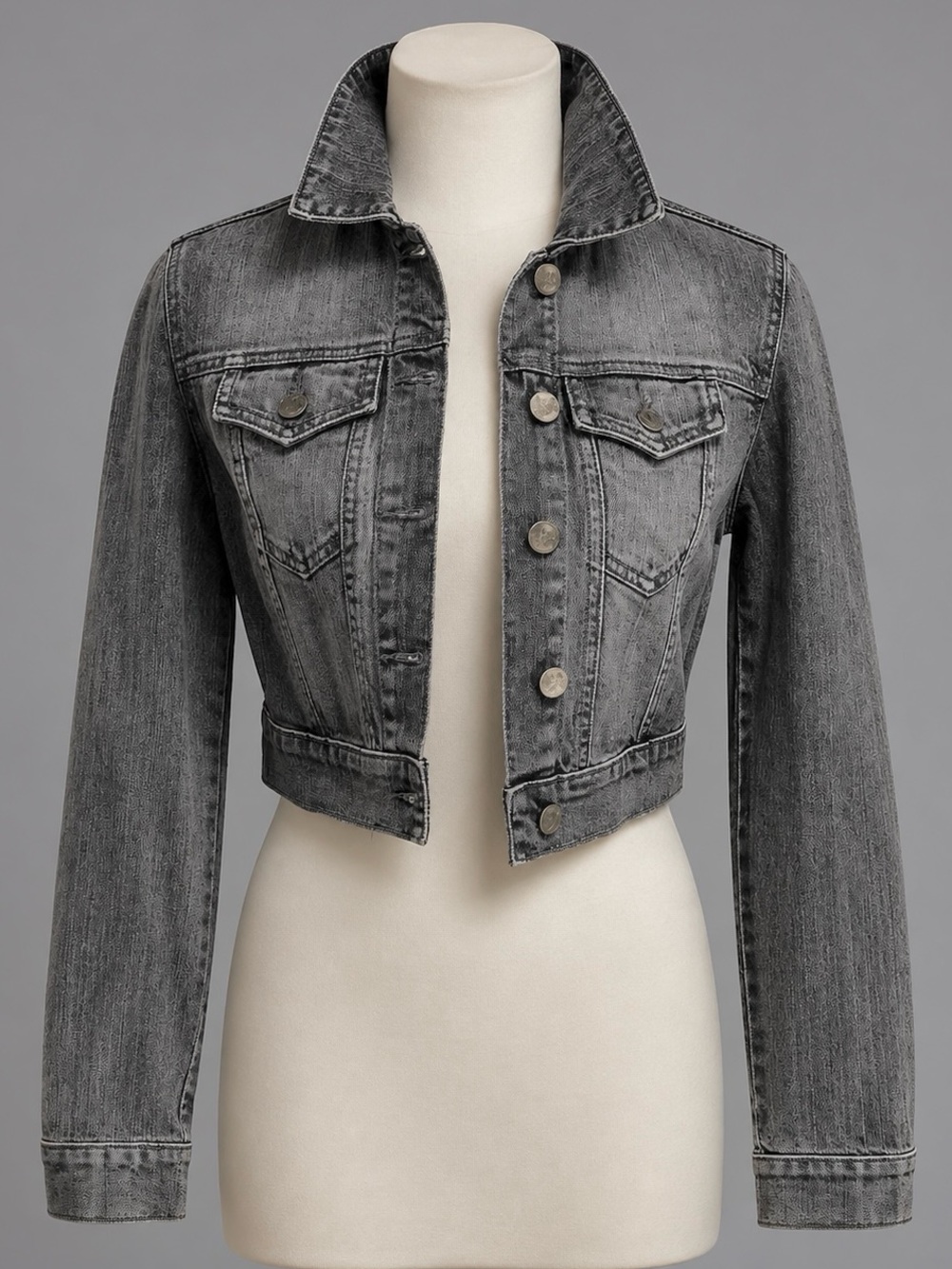 Boho Hippie Festival Crop Dark Wash Faded Gray Jean Jacket Womens XS Jun…